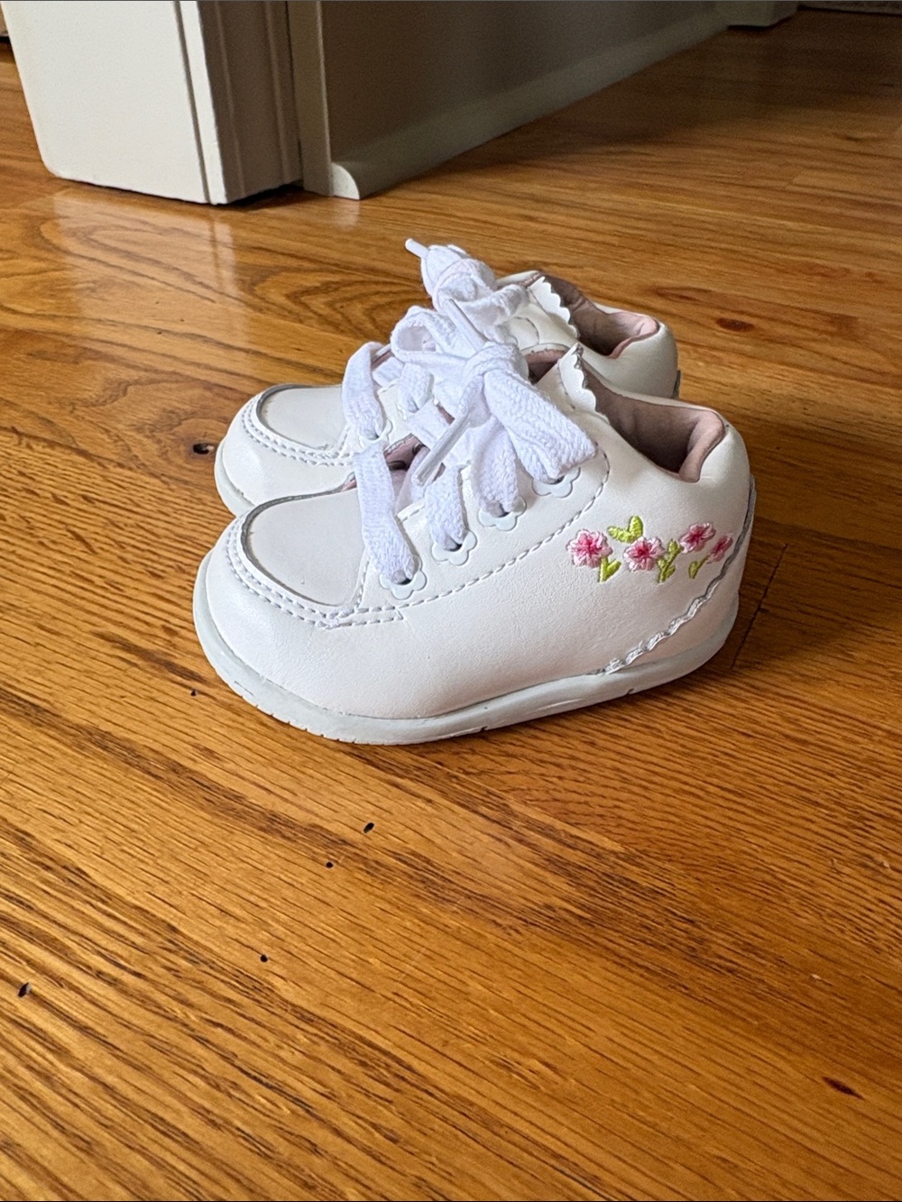 Stride Rite White Baby Lace-Up Shoes with Pink Floral Embroidery 3XW